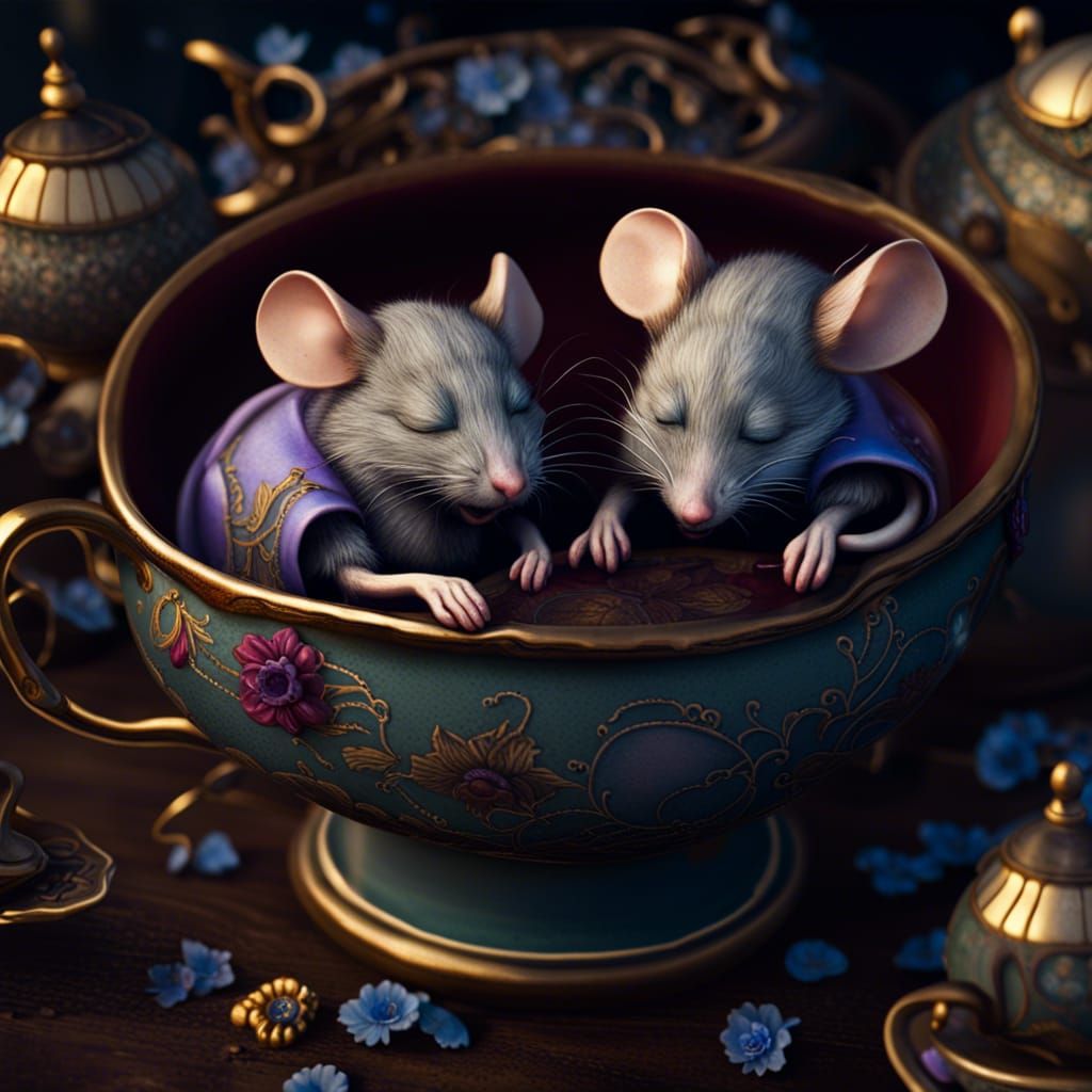 Mice Sleeping Peacefully in Antique Teacups