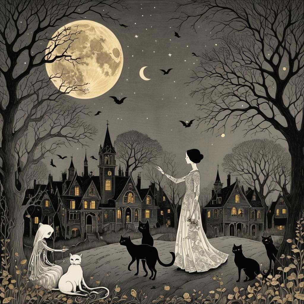 Dancing Ghosts and Cats in Whimsical Ink Illustration