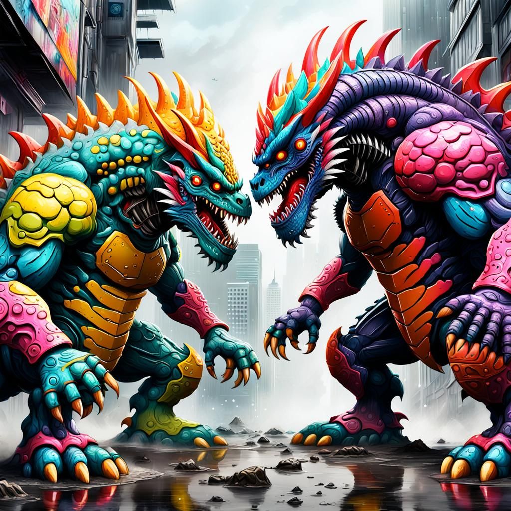 Epic Kaiju Battle: Graffiti Art in 8K Resolution