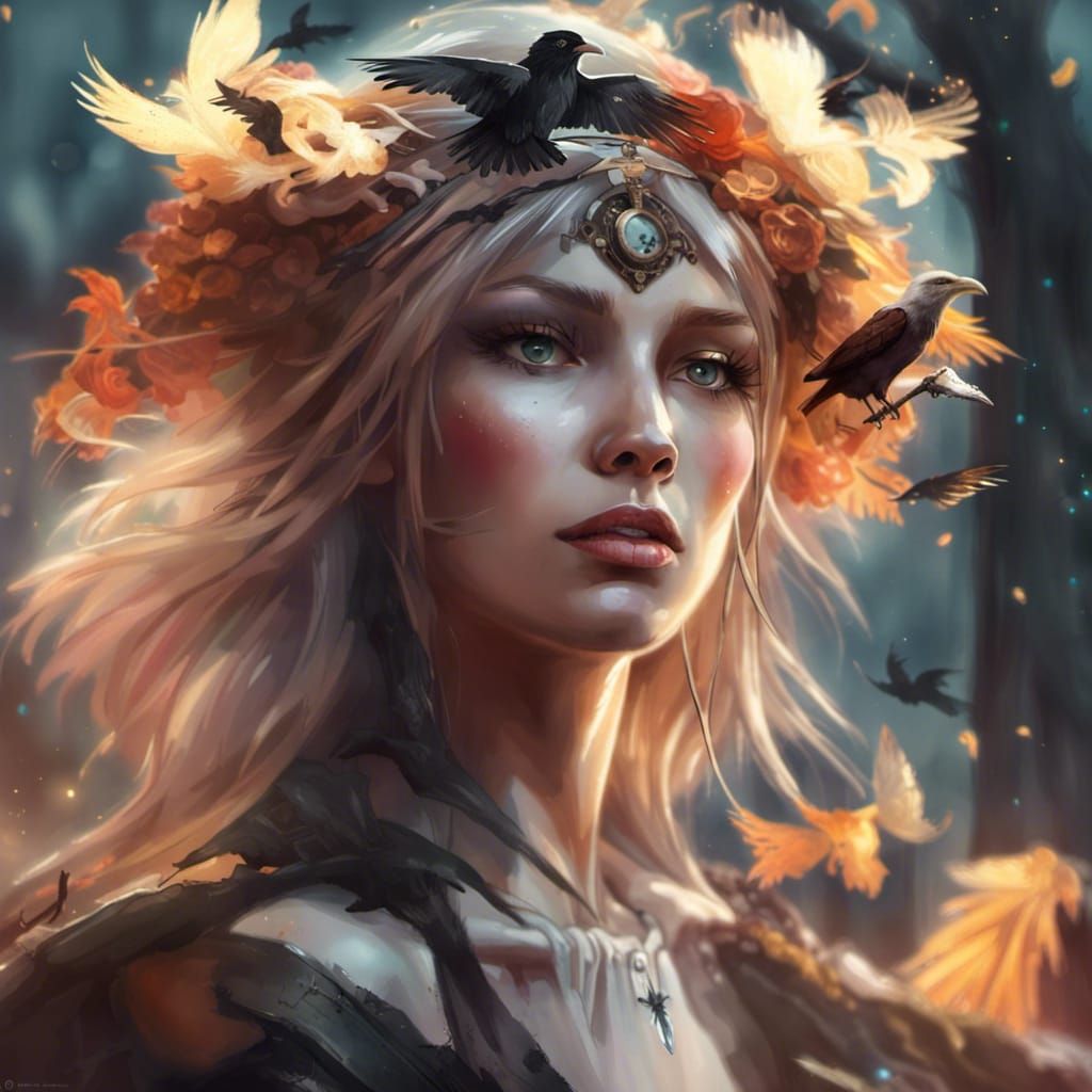 Cat-Woman with Crow Wings in Dark Fantasy Style