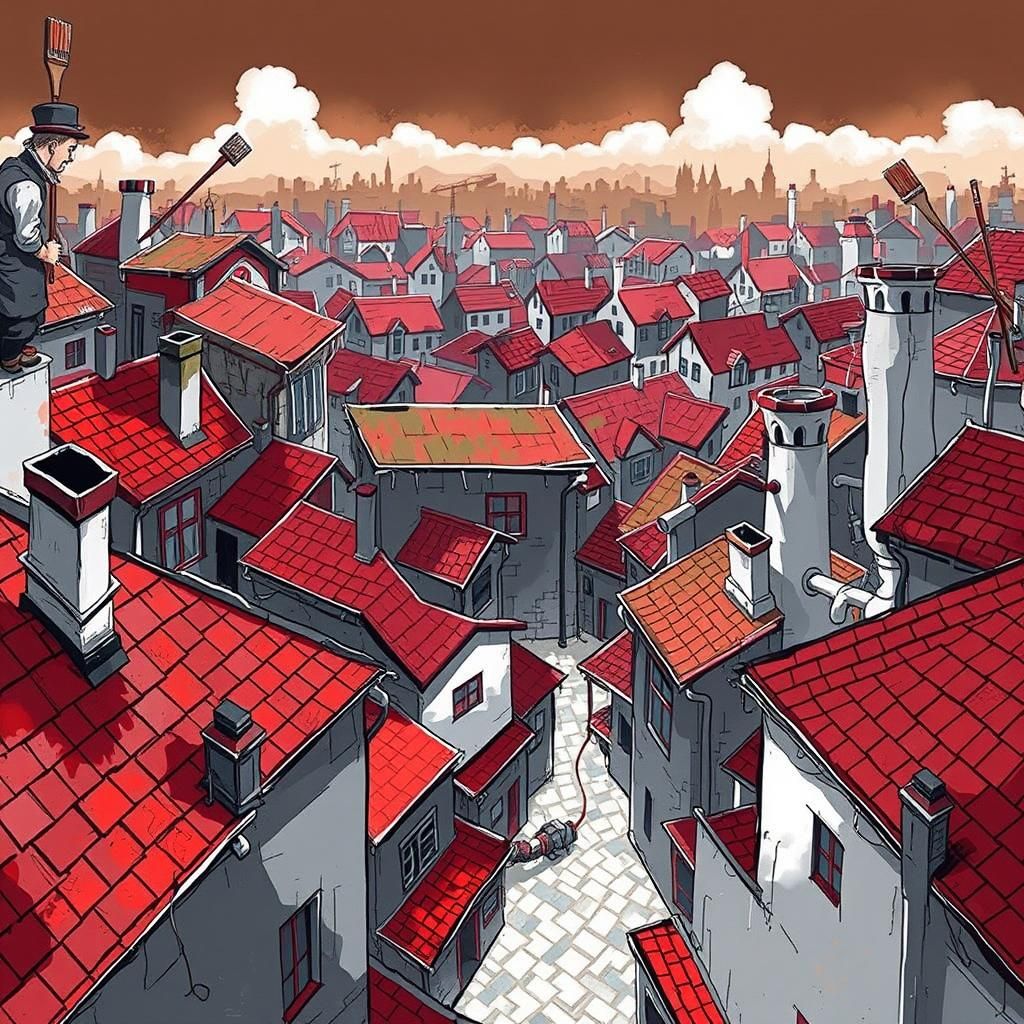 Chimney Sweep on Roof in Impressionistic Style