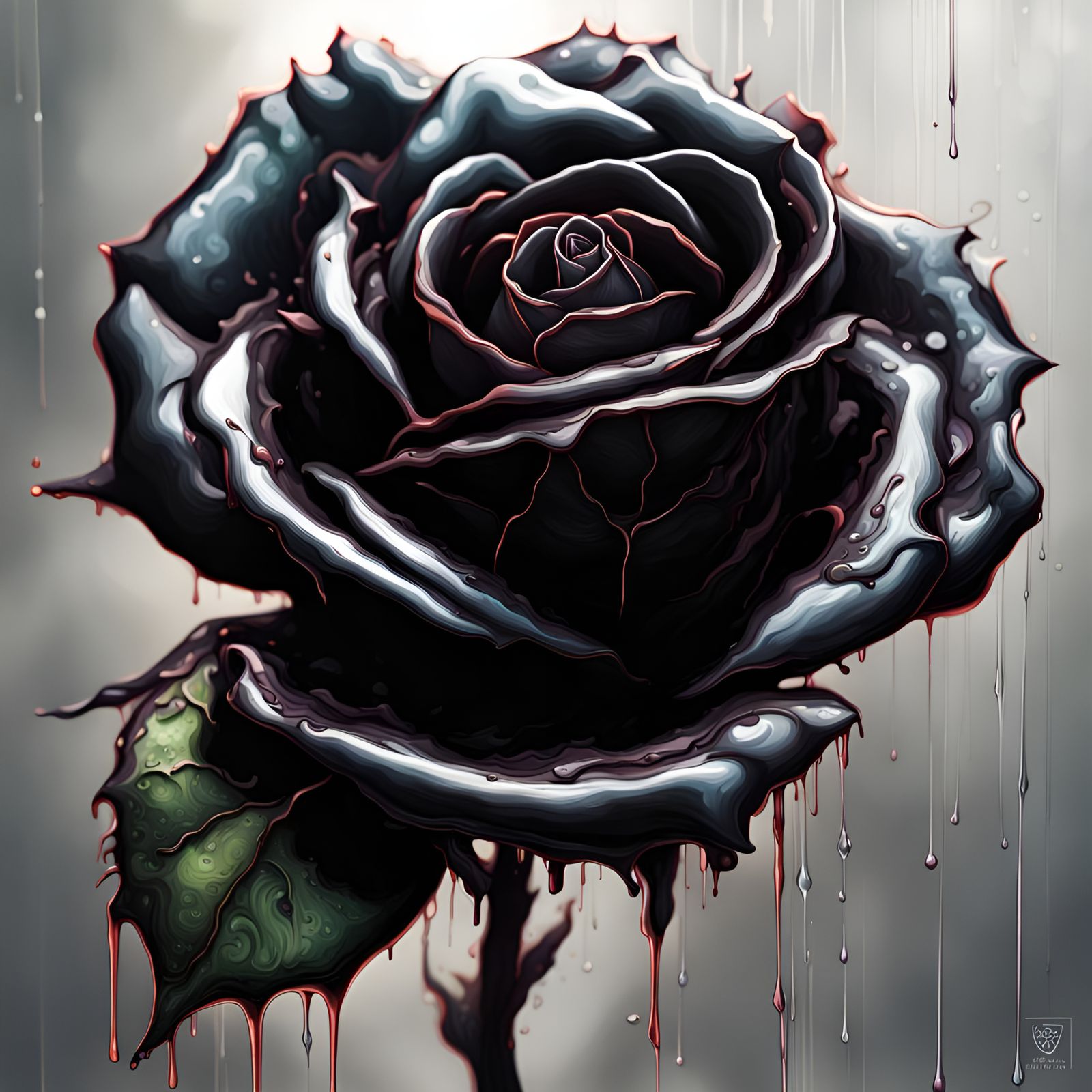 Hyperrealistic Black Rose on Metal in Sci-Fi Style