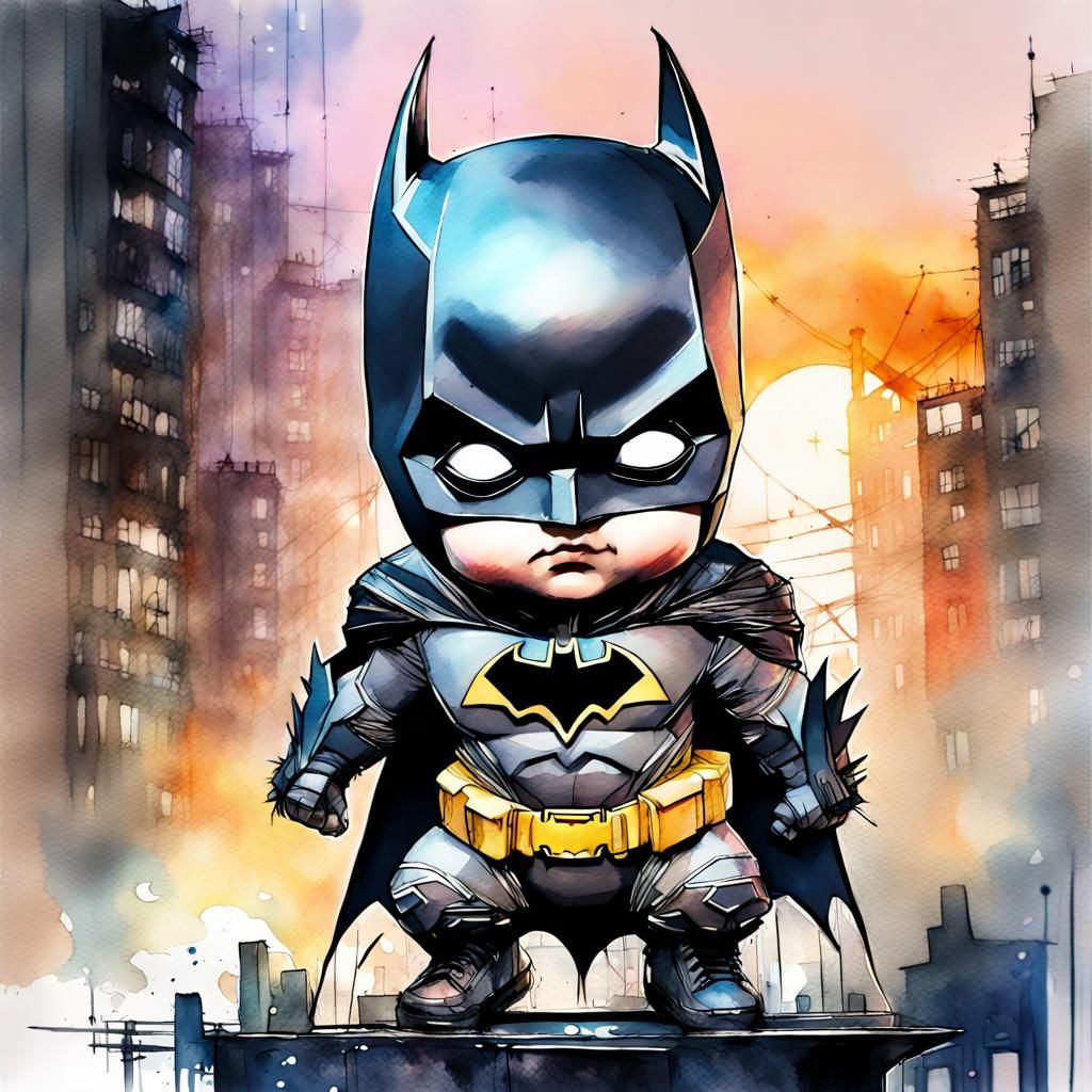Chibi Baby Batman in Watercolor Cityscape