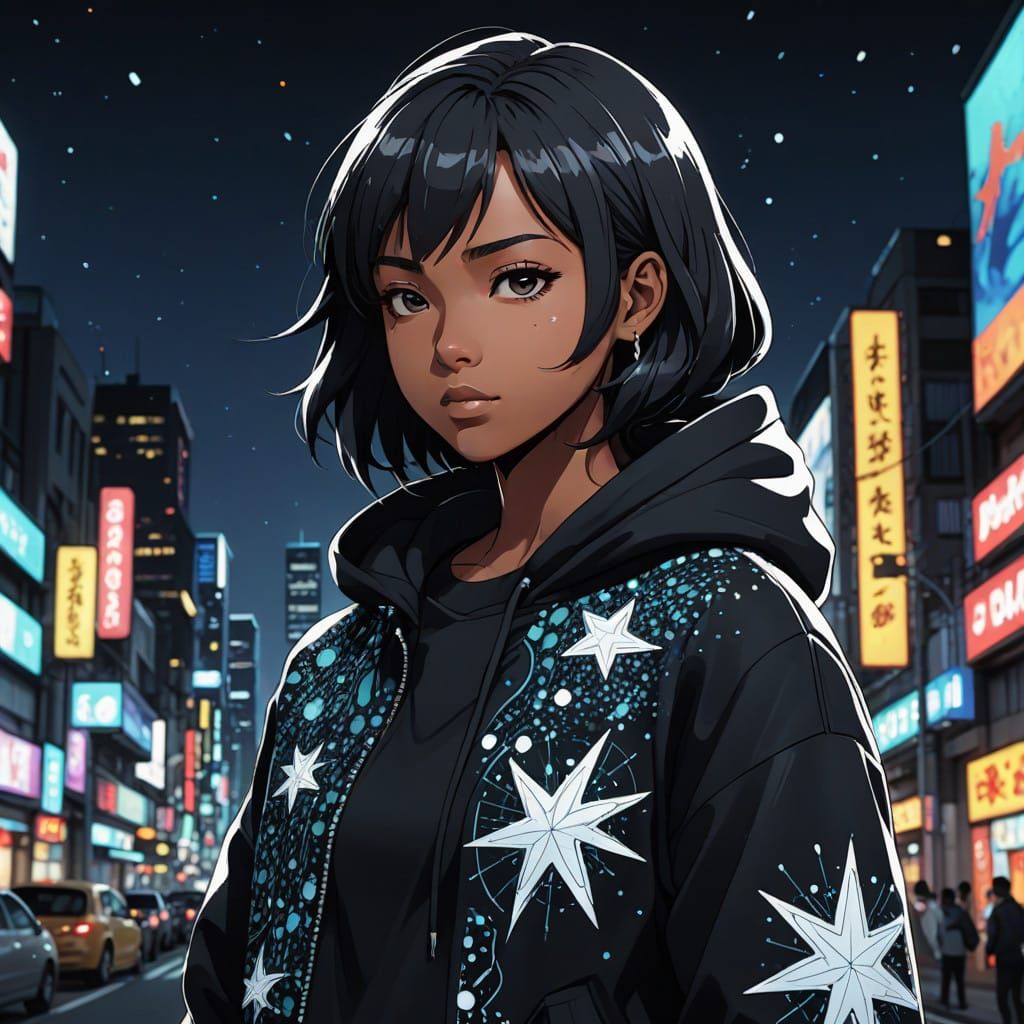 Vibrant African American Teenage Girl in Bold Manga-Inspired...