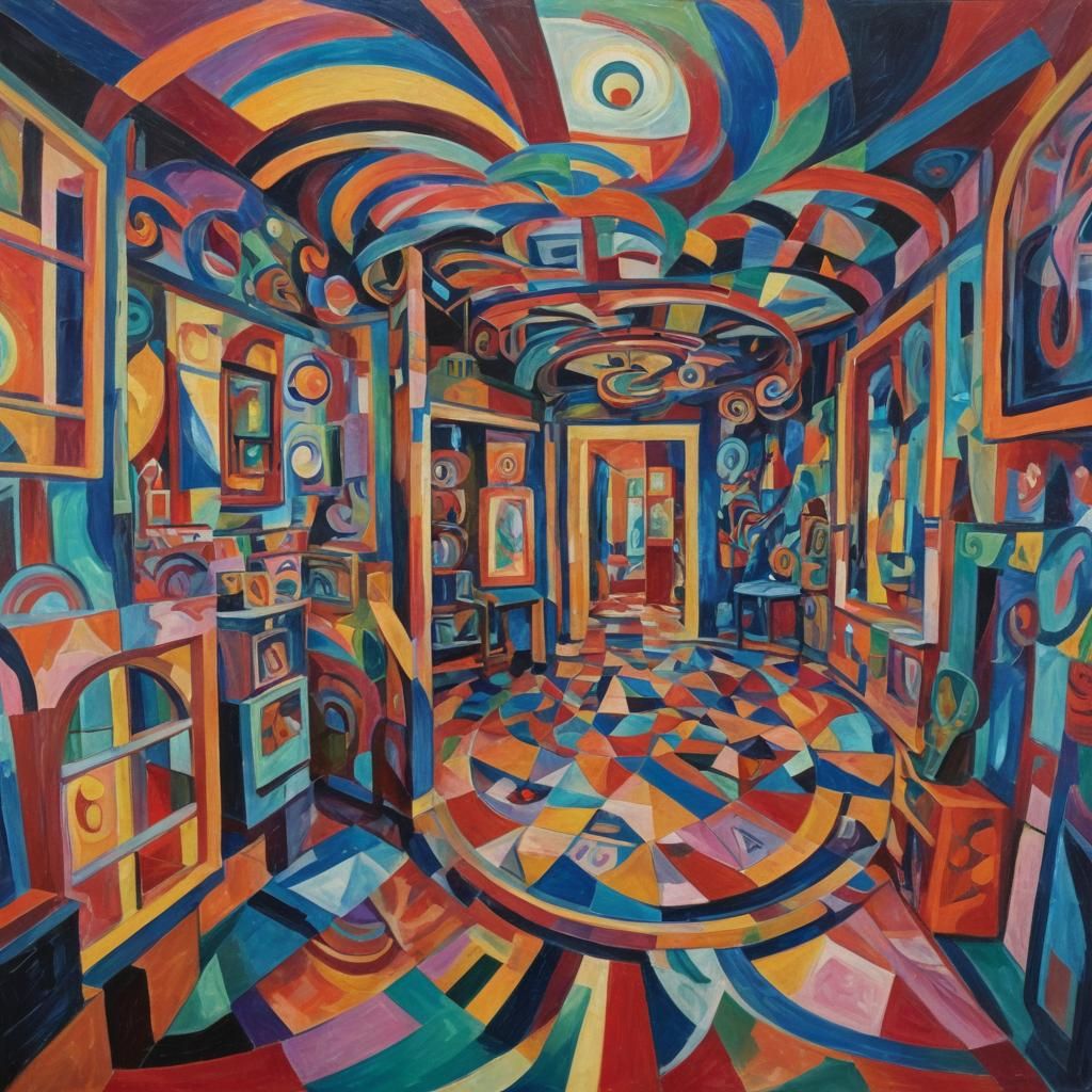 Surreal Cubist Interior: A Dizzying Spiral Room