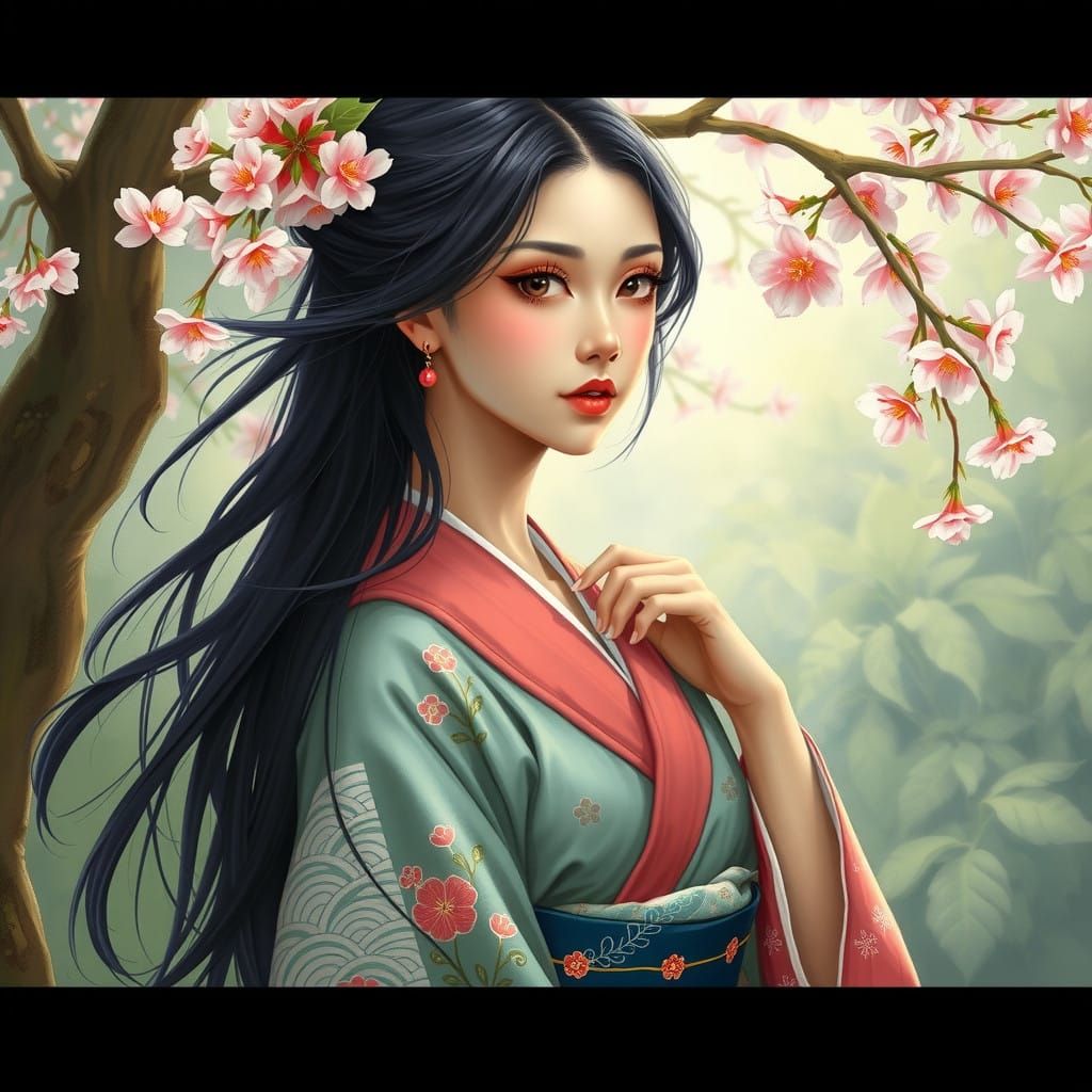 Japanese Impressionist Beauty in Serene Blossom Setting
