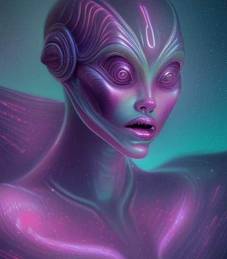 Detailed Female Alien in Holographic Cosmic Art