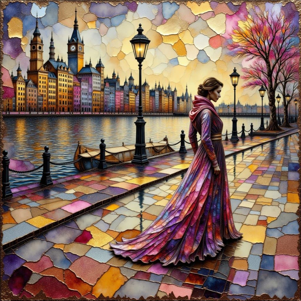 Ethereal Winter Cityscape with Woman on Boardwalk