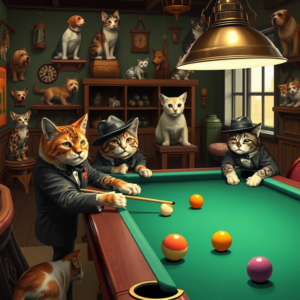 Cats Play Billiards in Dog-Themed Vintage Parlor