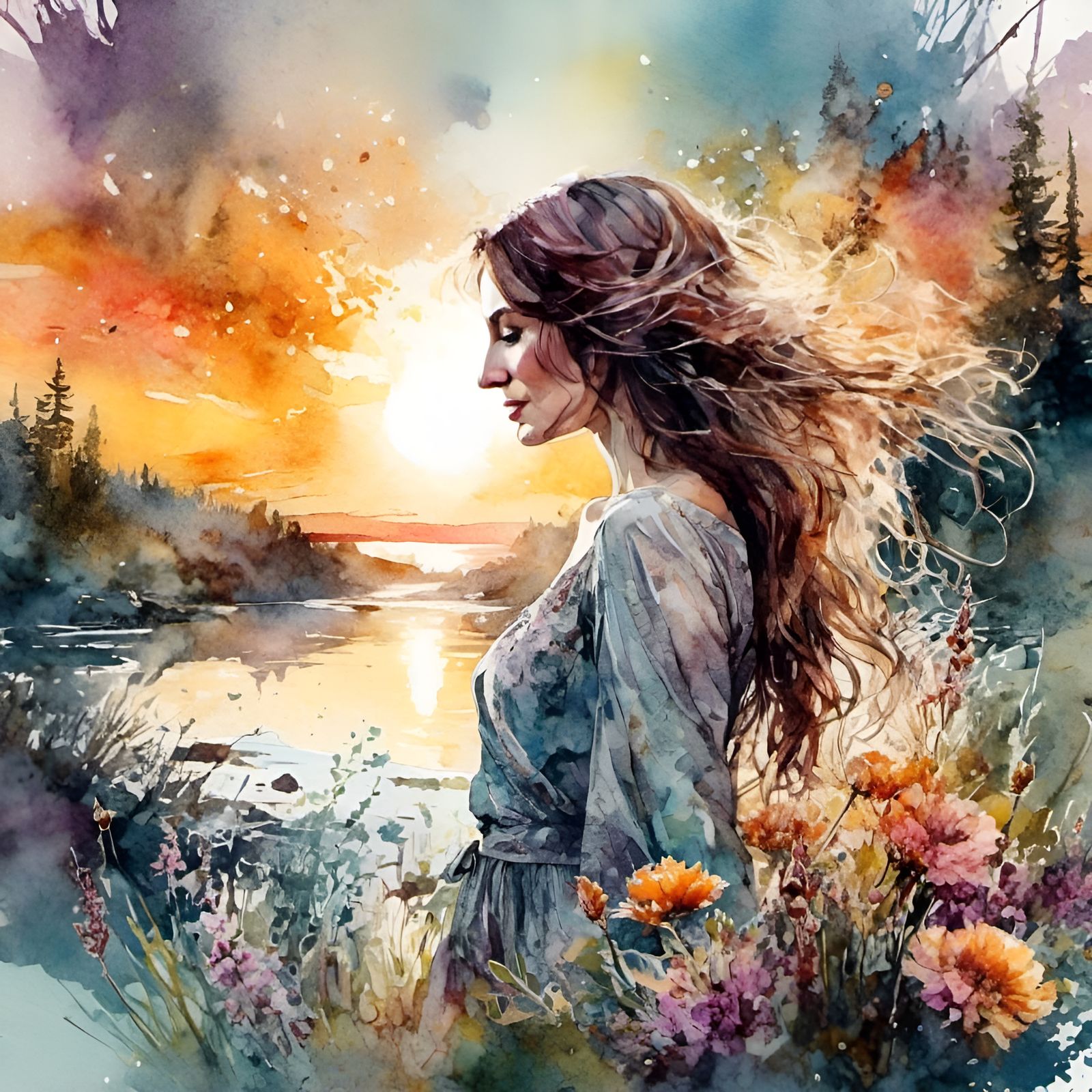 Watercolor Portrait at Sunset in Digital Art Style