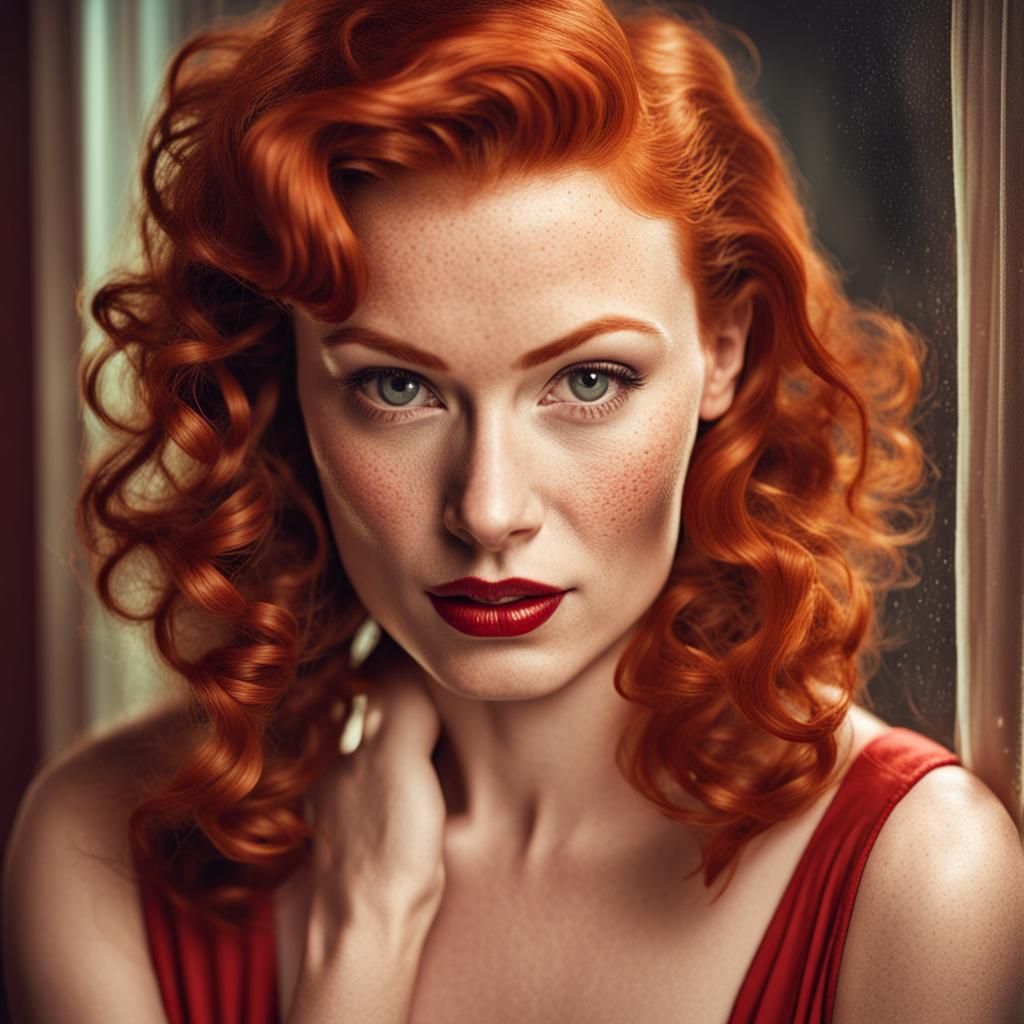 Redhead Woman Portrait in 1950s Pinup Style