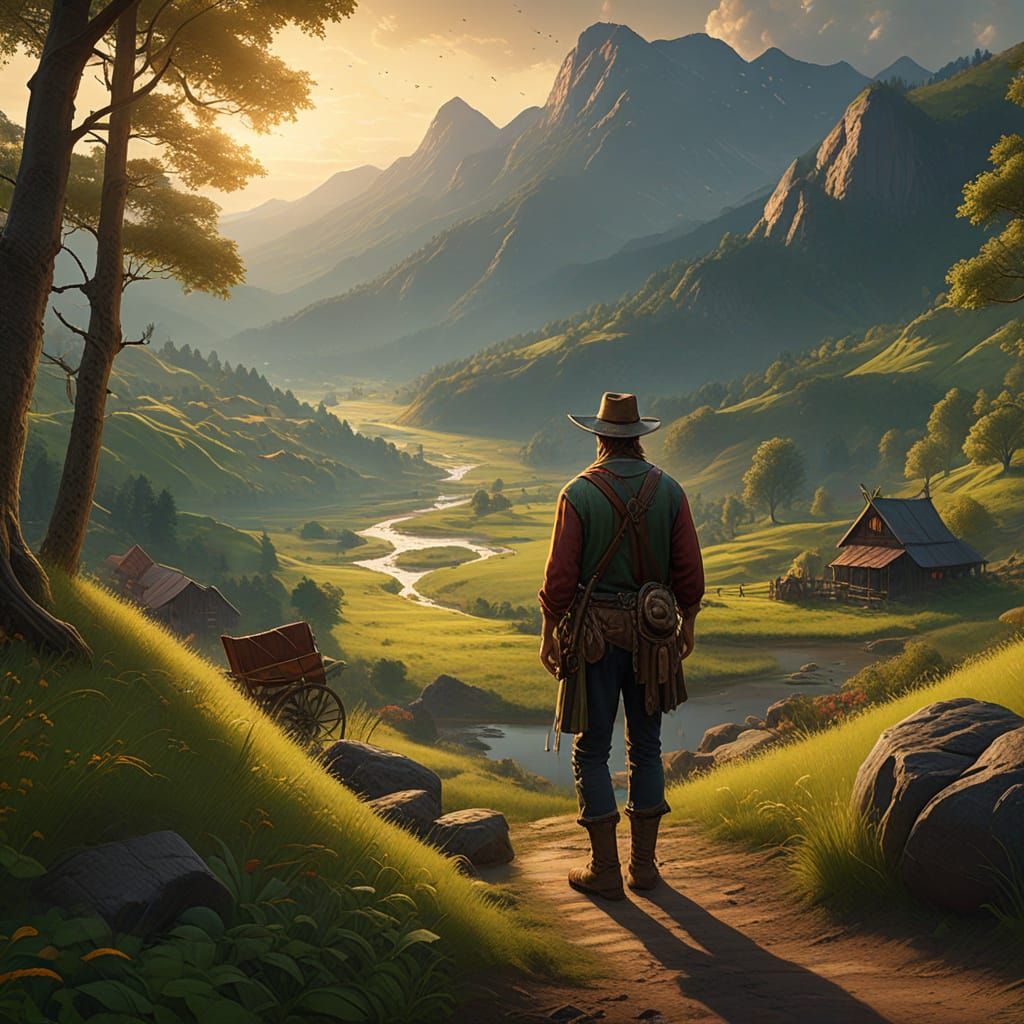 Hillbilly in Scenic Valley: Fantasy Oil Painting