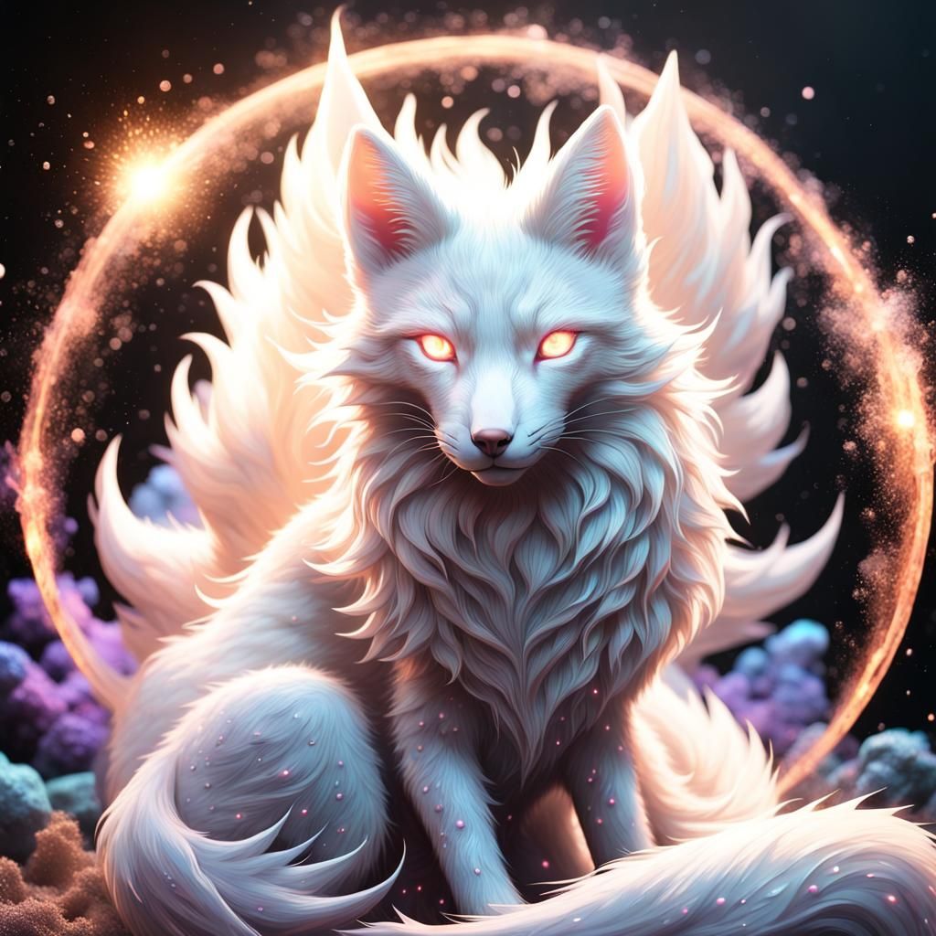 Ethereal Iridescent Albino Kitsune in Cosmic Dust