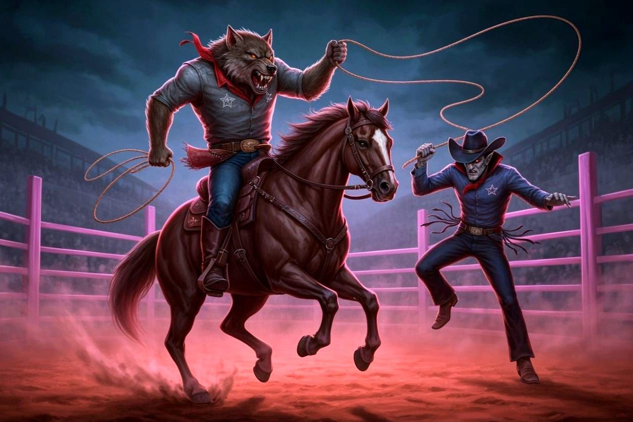 Cowboy Werewolf Lassoes Vampire in Neon Rodeo