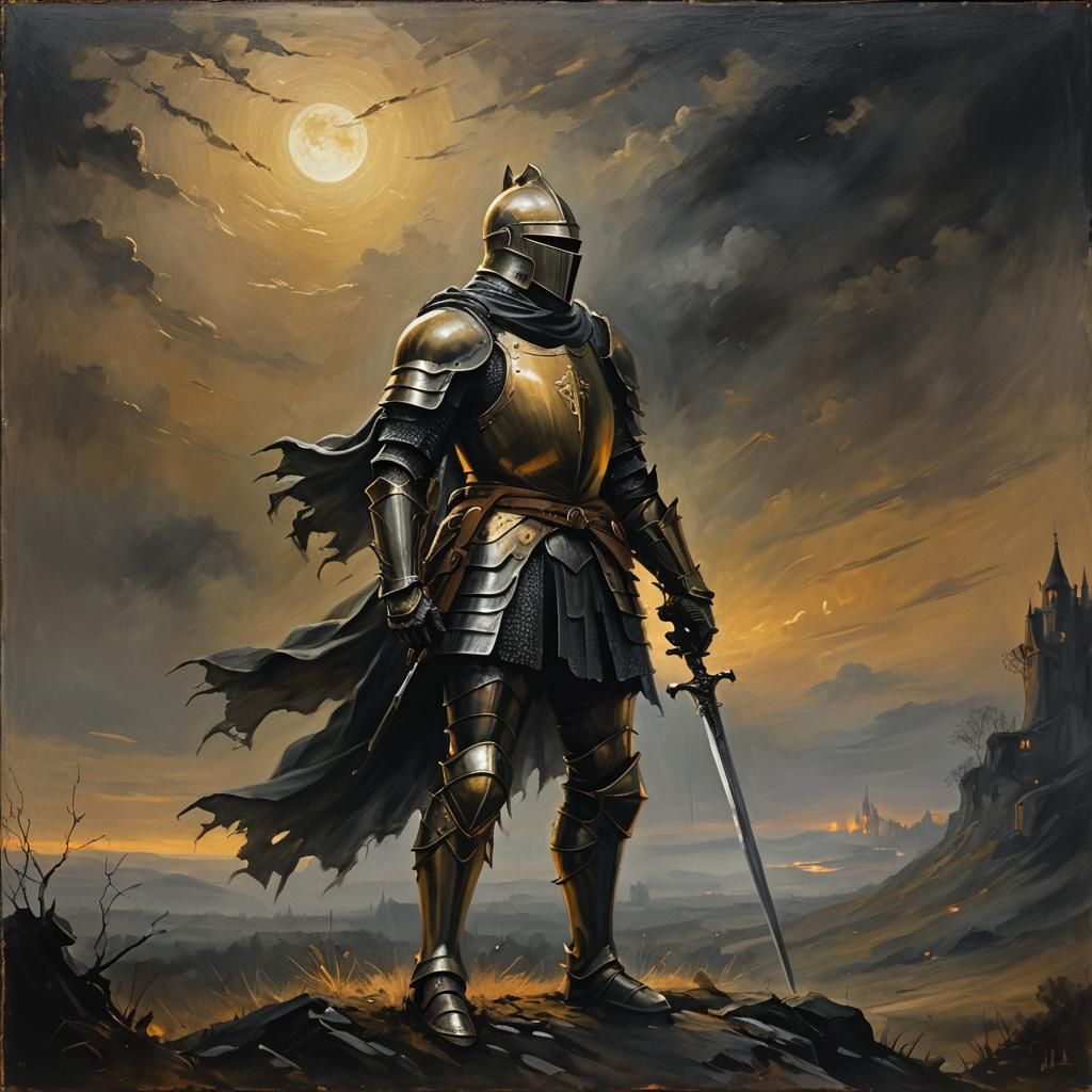 Knight in Dark Landscape: Oil Painting with Chiaroscuro