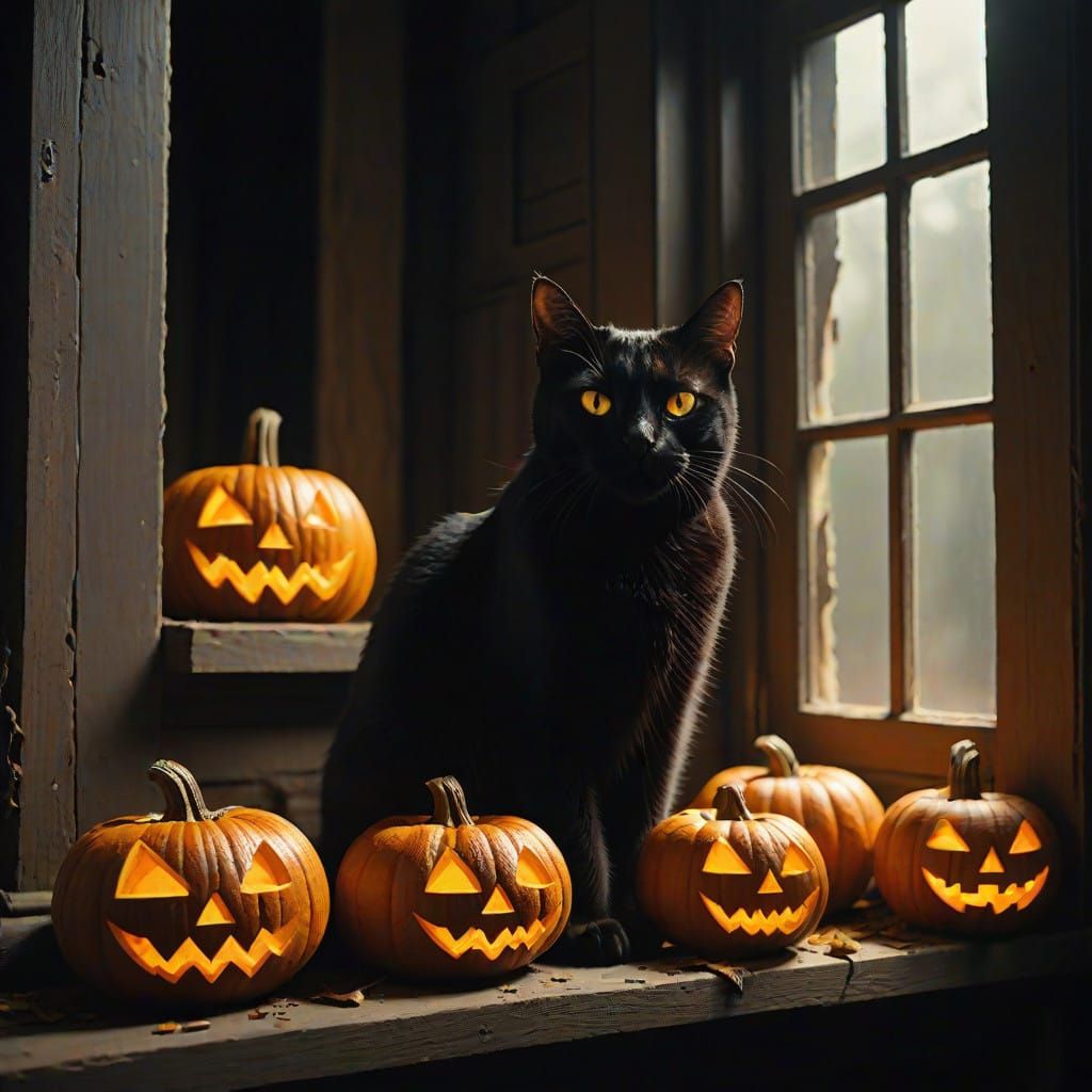 Sleek Black Cat Dominates a Haunting Halloween Scene in Cine...