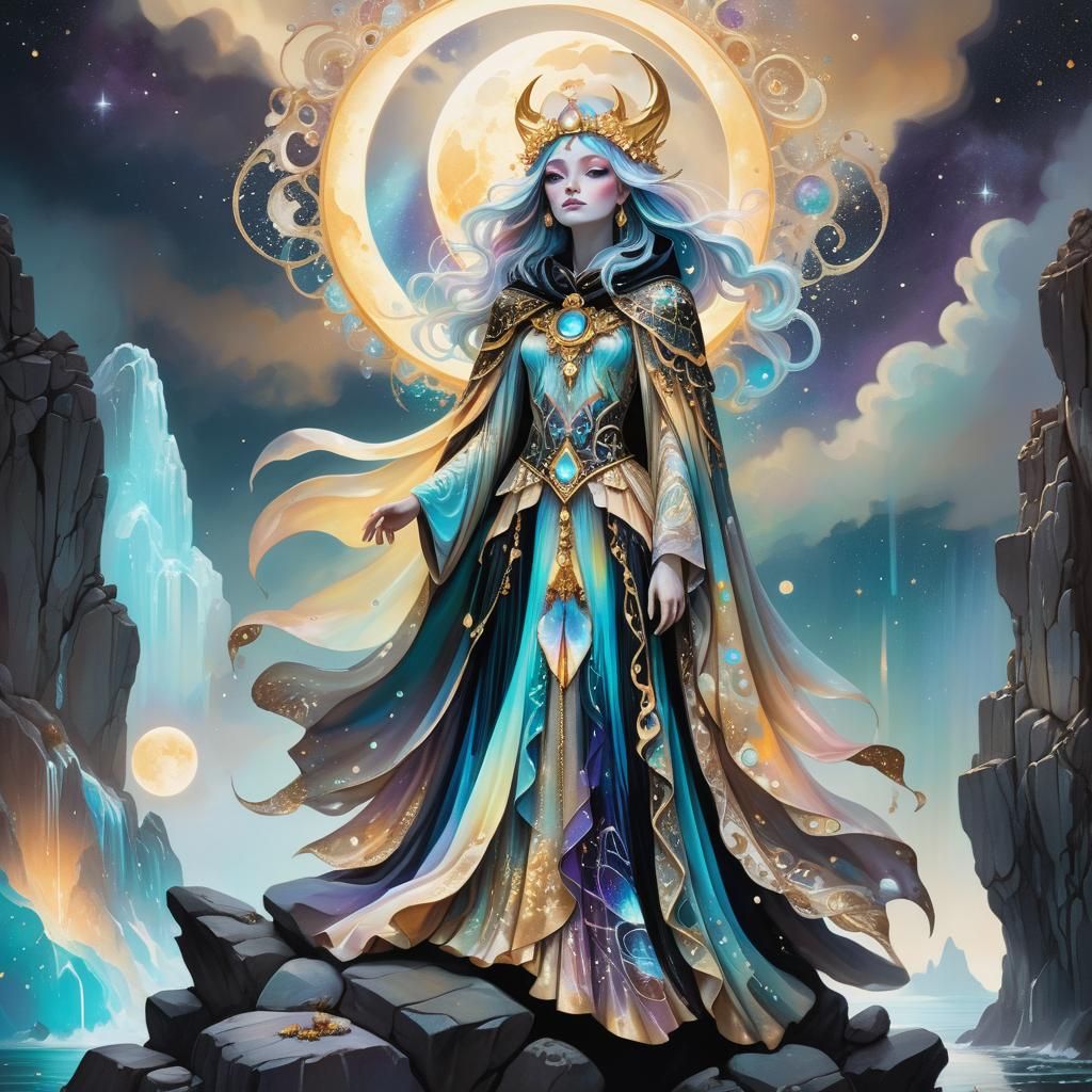 Prismatic Moon Witch in Pop Surrealism Style