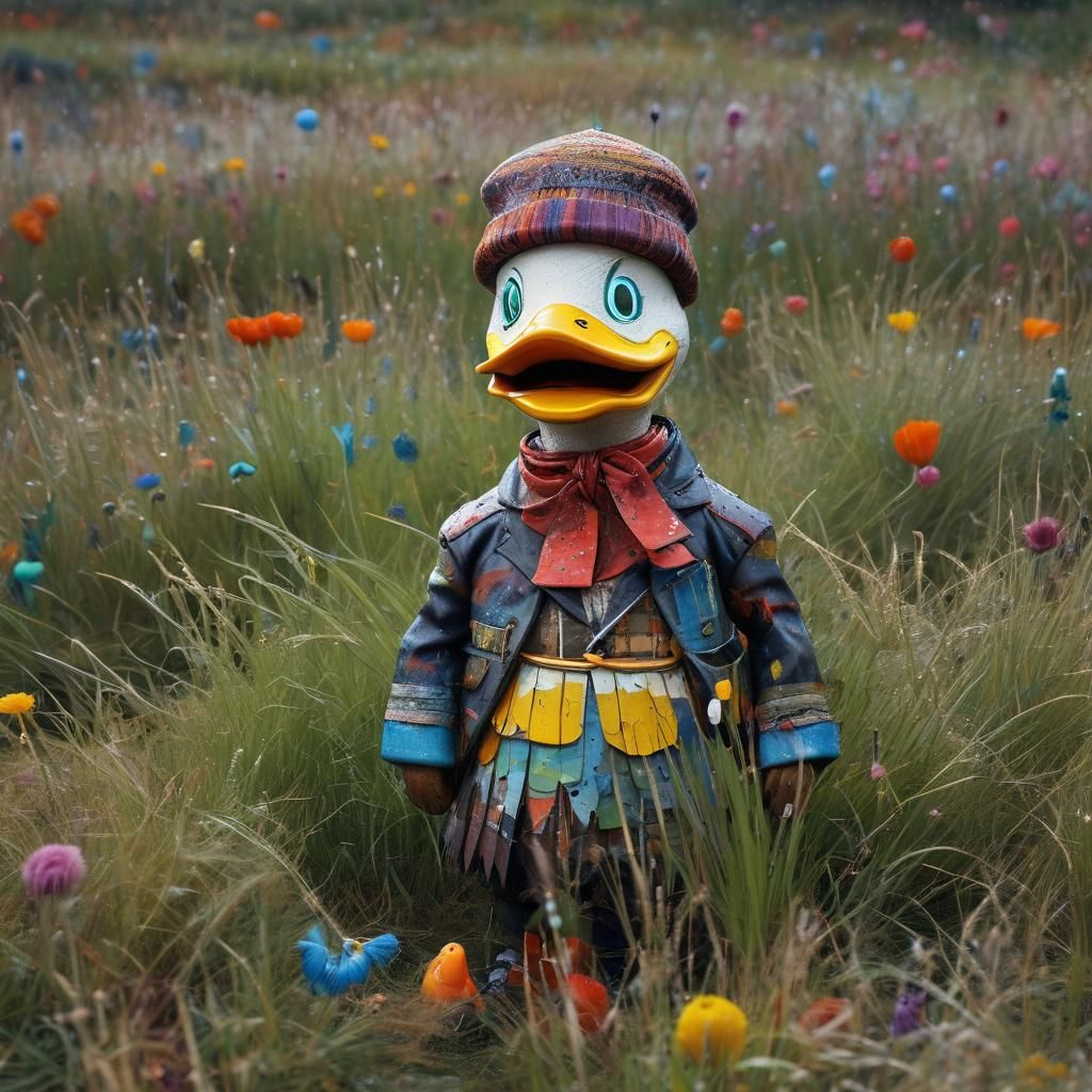 Whimsical Duck in Kilt: Surrealist Acrylic Impasto