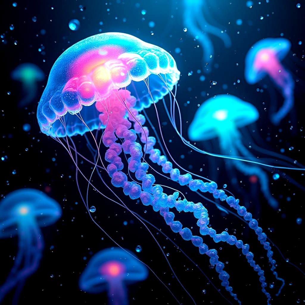 Glowing Jellyfish in a Dark Ocean: A Fantastical 8K Matte Pa...