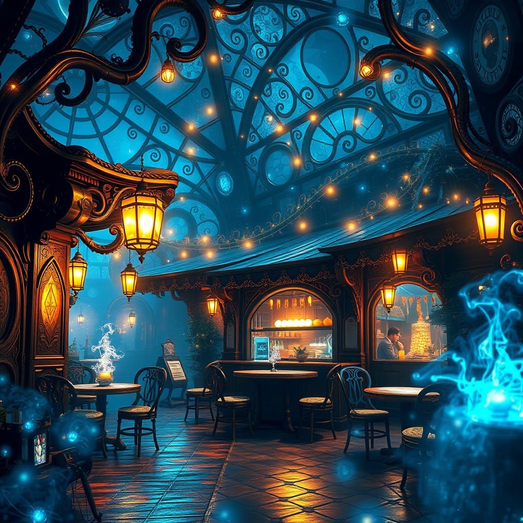Dreamlike Night Cafe in Hyper-Realistic Style