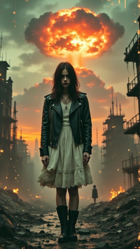 Apocalyptic Woman with Sad Eyes in Dystopian Landscape