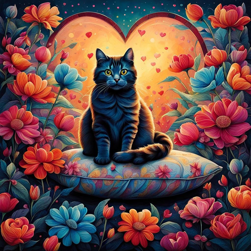 Cat Surrounded by Flowers in Visionary Art Style