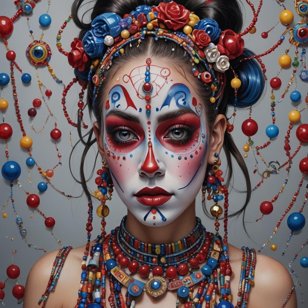 Portrait of a female figure with a captivating and eccentric aesthetic. Her face is adorned with an array of colorful be...