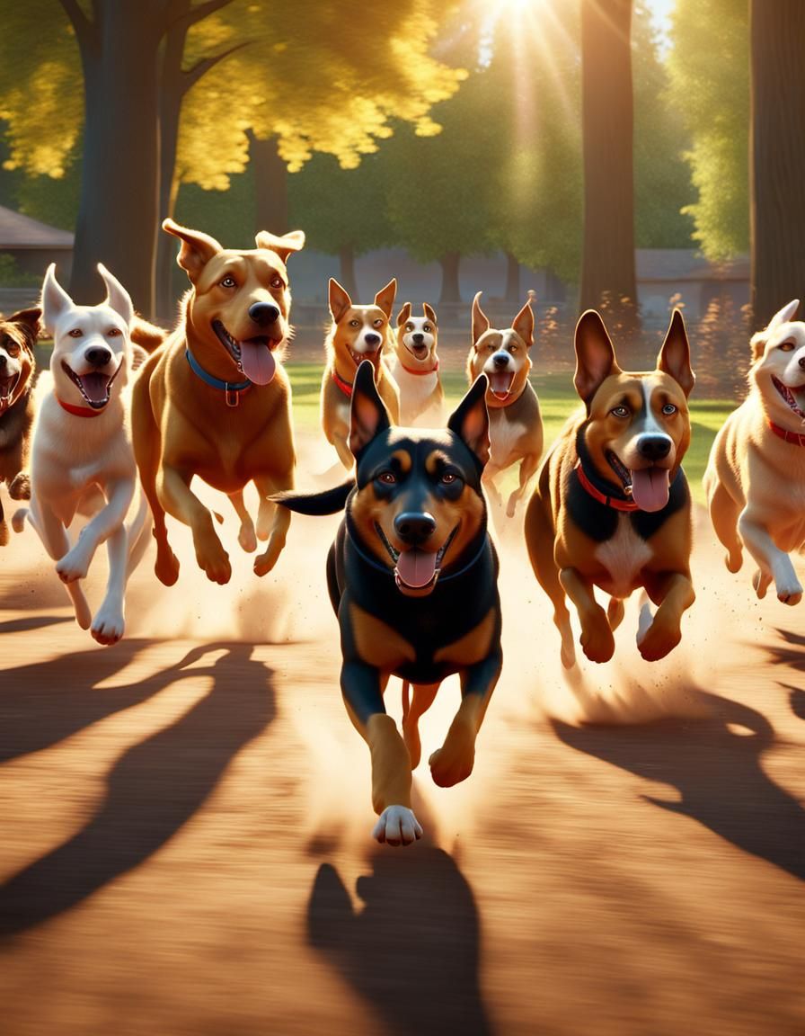 Dogs Race in Park, Pixar-Style 3D Animation