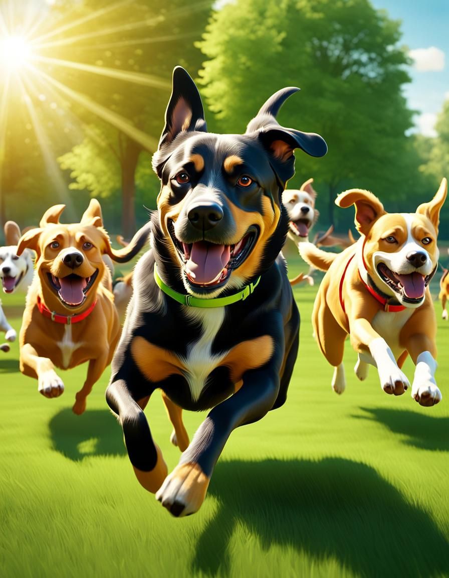 Dogs Race in Sunny Park, 3D Animated Style