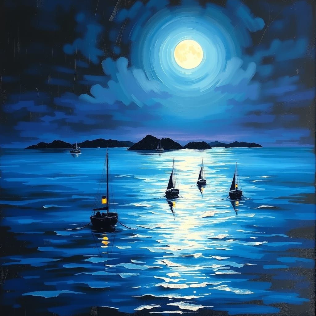 Encaustic Painting of Ocean at Moonrise with Fishing Boats