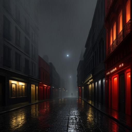 Eerie Surrealism: Woman in Red Dress in Cityscape