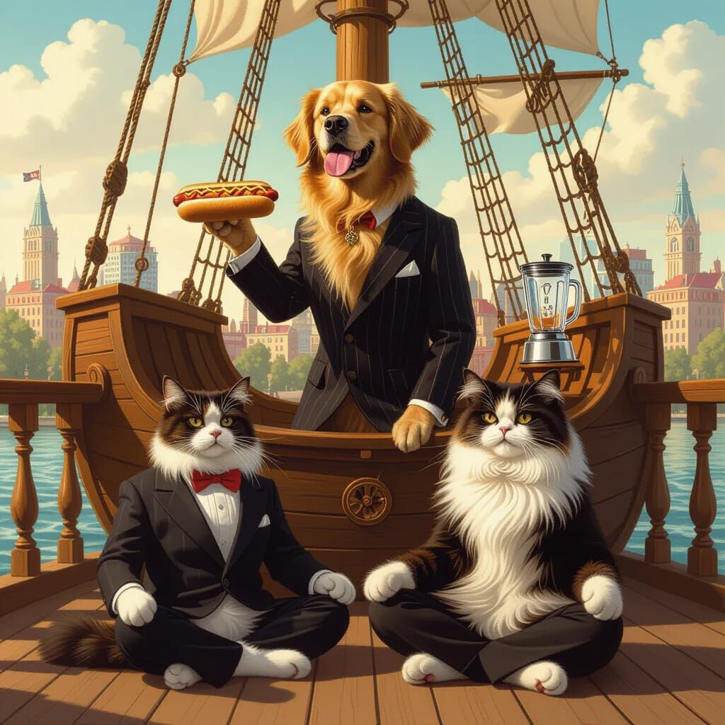Golden Retriever on Cat Aboard Pirate Ship in Park