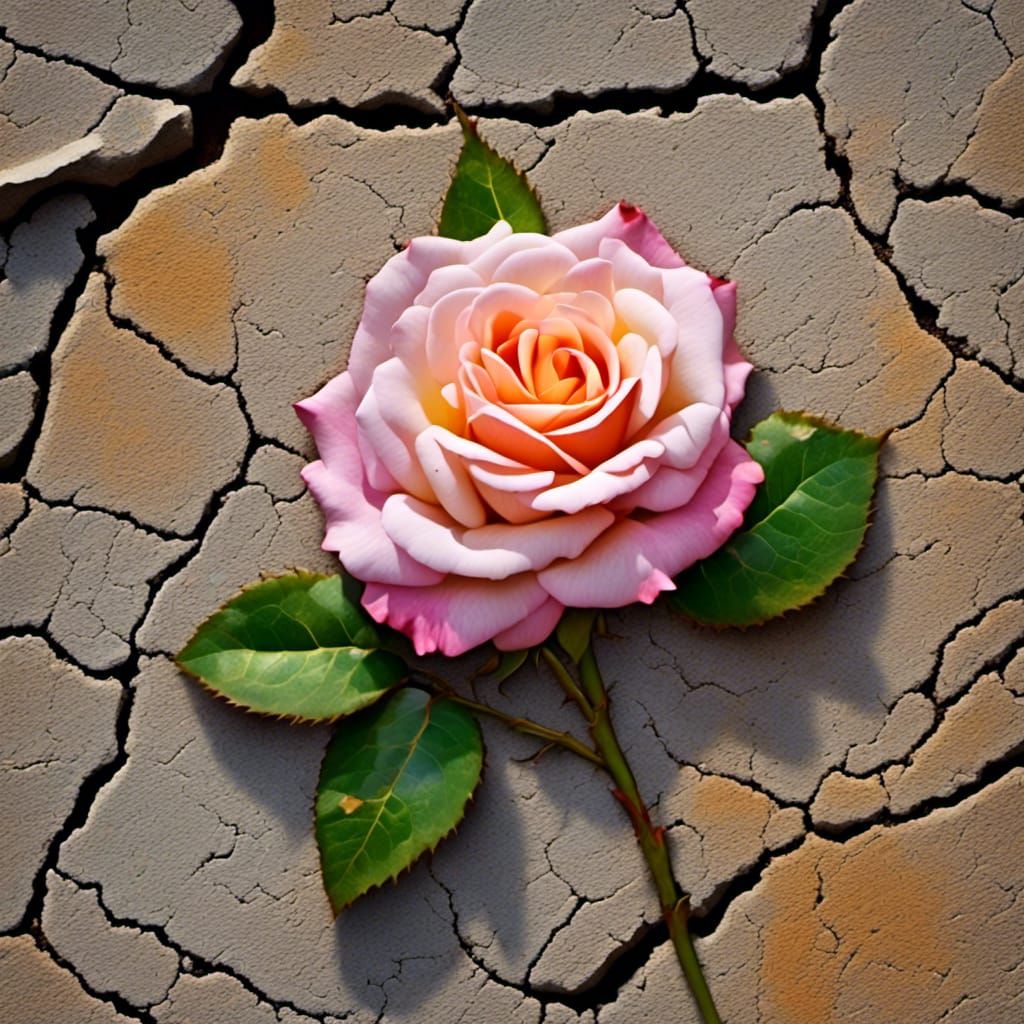 Resilient Rose Growing From Concrete: Neon Cosmic Art