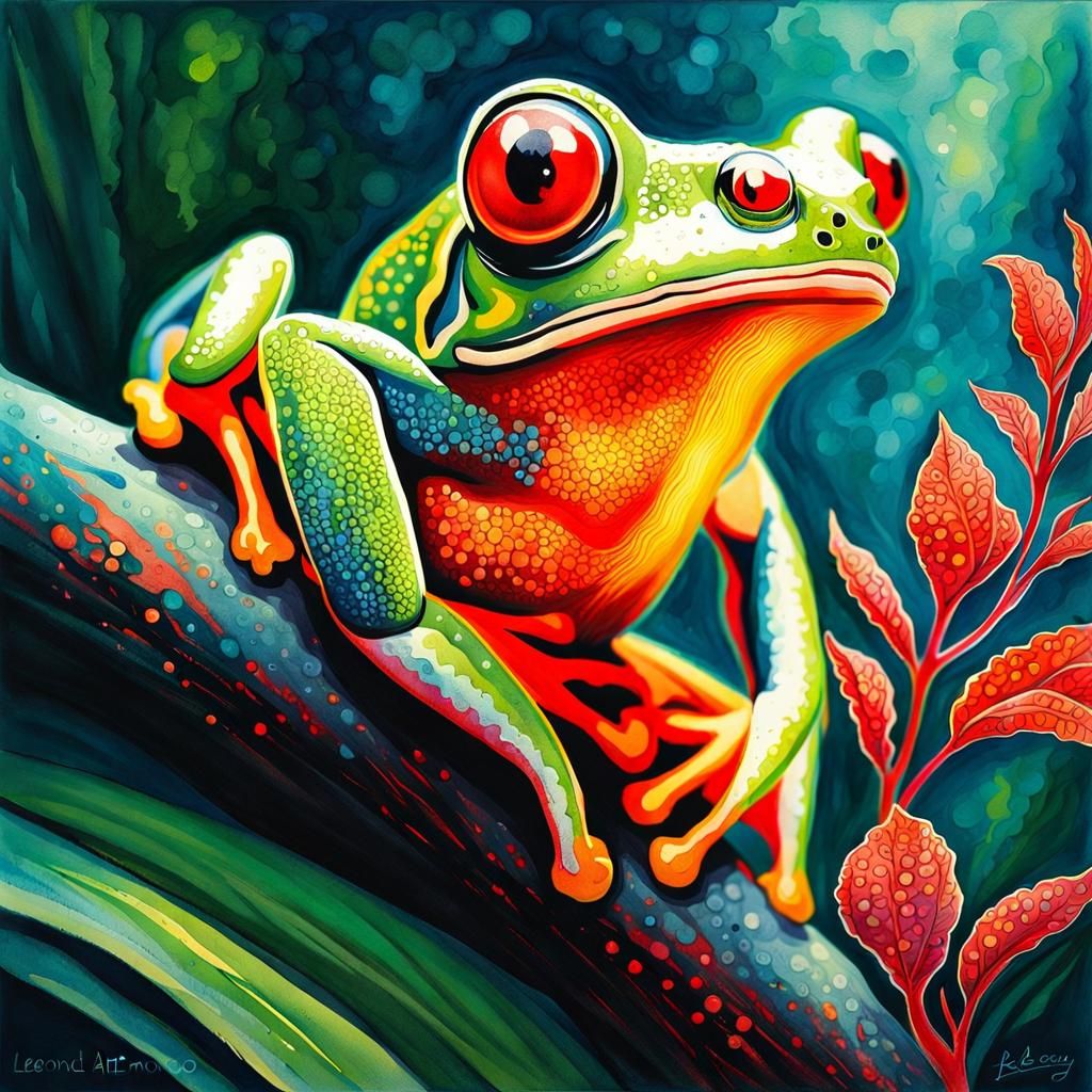 Glowing Red-Eyed Tree Frog in Watercolor and Ink