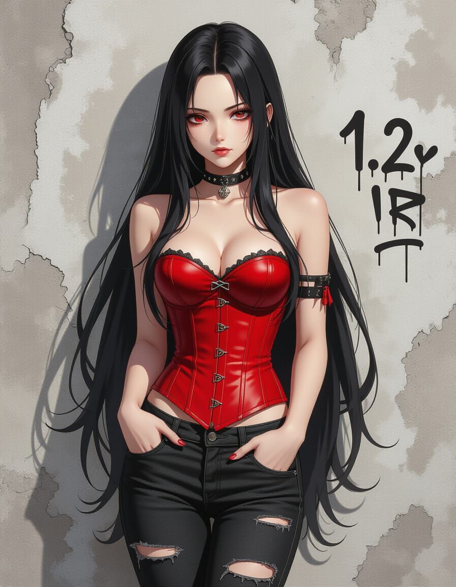 Gothic Girl with Crimson Corset Against Graffiti Wall