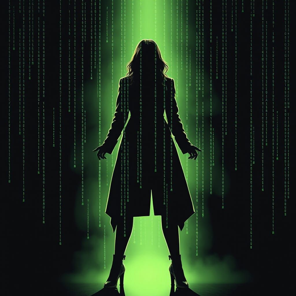Surreal Woman in a Matrix of Glowing Code