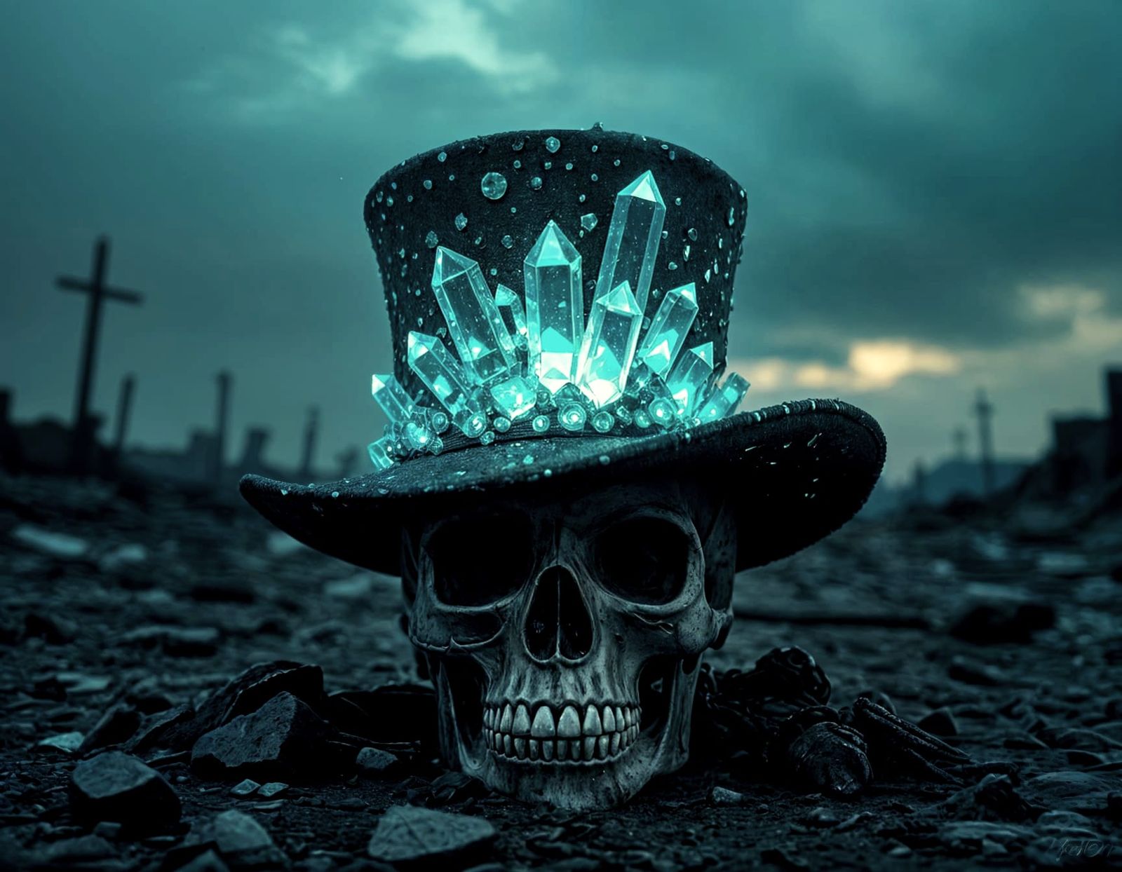 Crystal Skull with Tophat in Post-Apocalyptic Wasteland