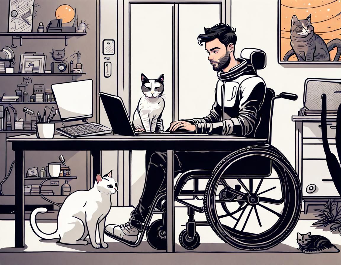 Man in Wheelchair with Cat, Galactic Sci-Fi