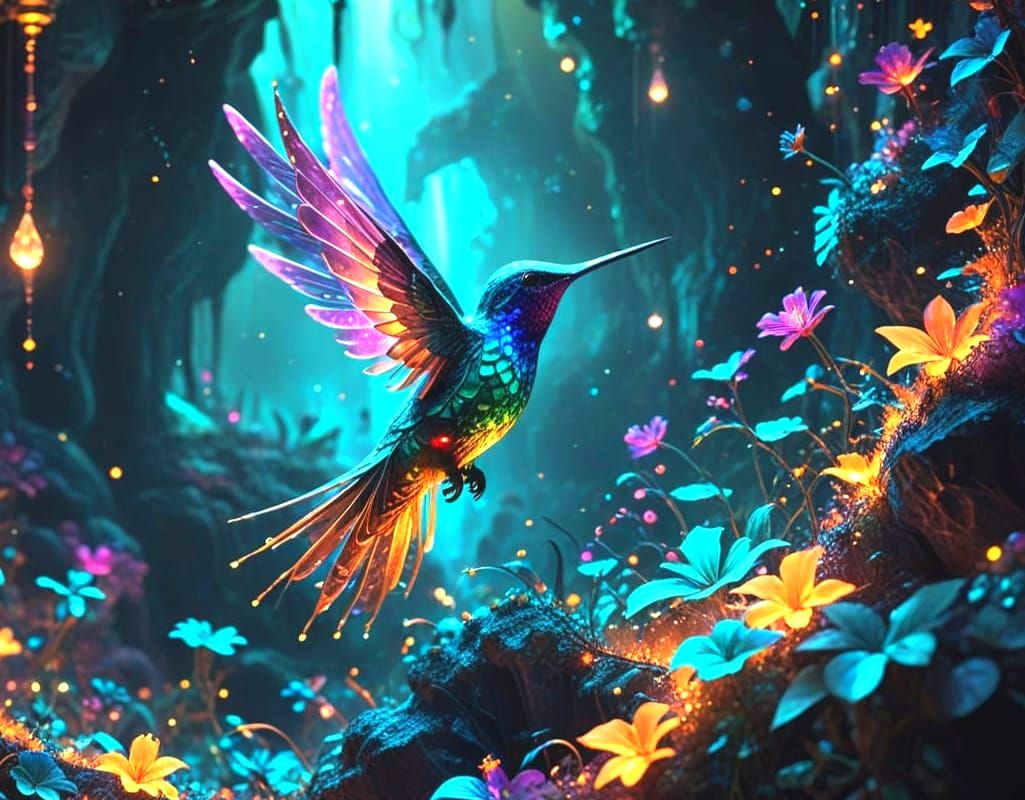 Celestial Hummingbird Illuminates Grotto in Vibrant Art Nouv...