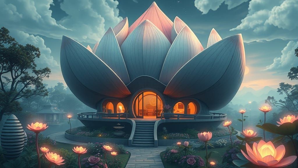 Futuristic Lotus Teahouse in Ghibli Style Garden