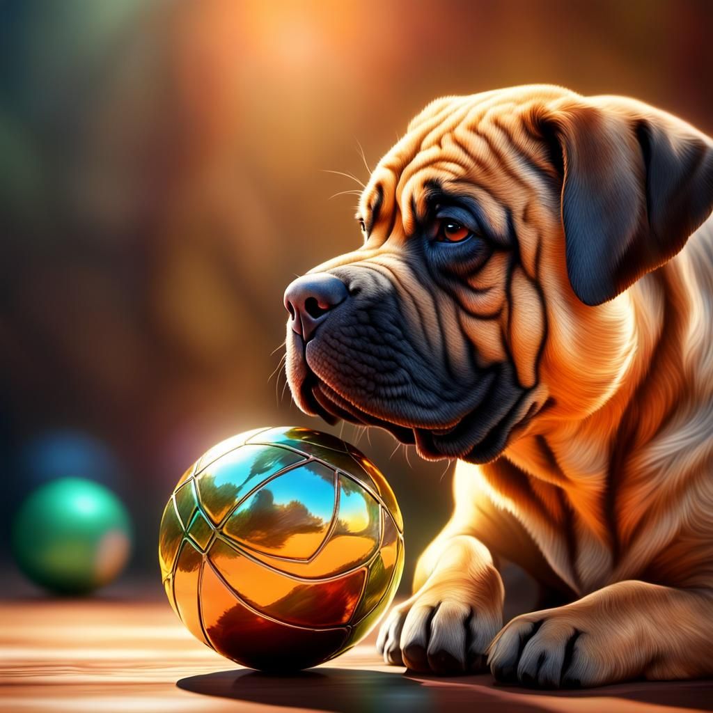 Hyperrealistic Mastiff Joyfully Plays Ball