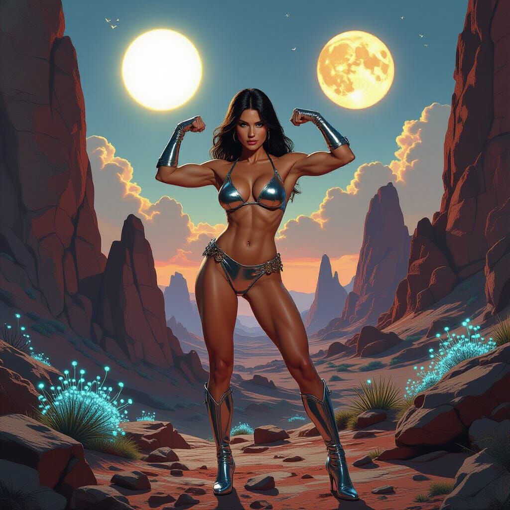 Powerful Woman Flexing on Alien Planet