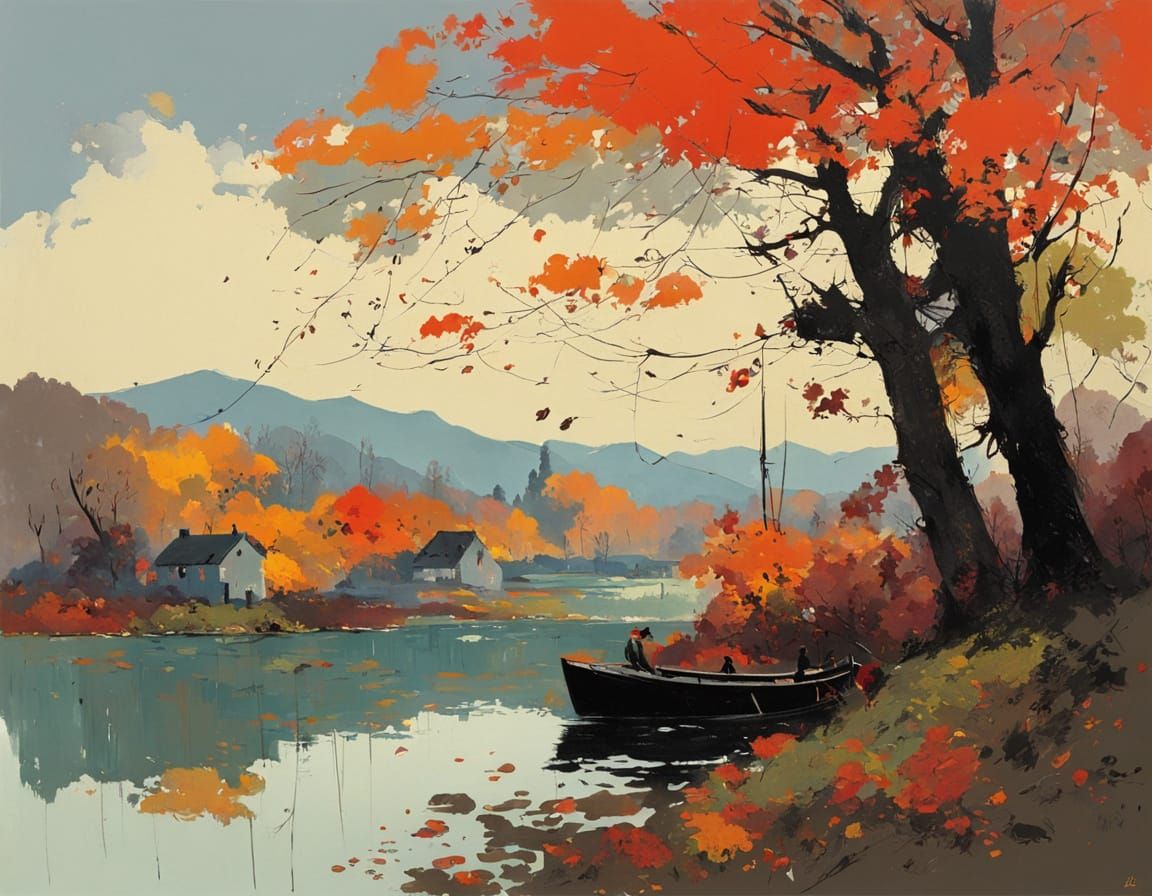 Autumn Landscape in Watercolor and Impasto Style