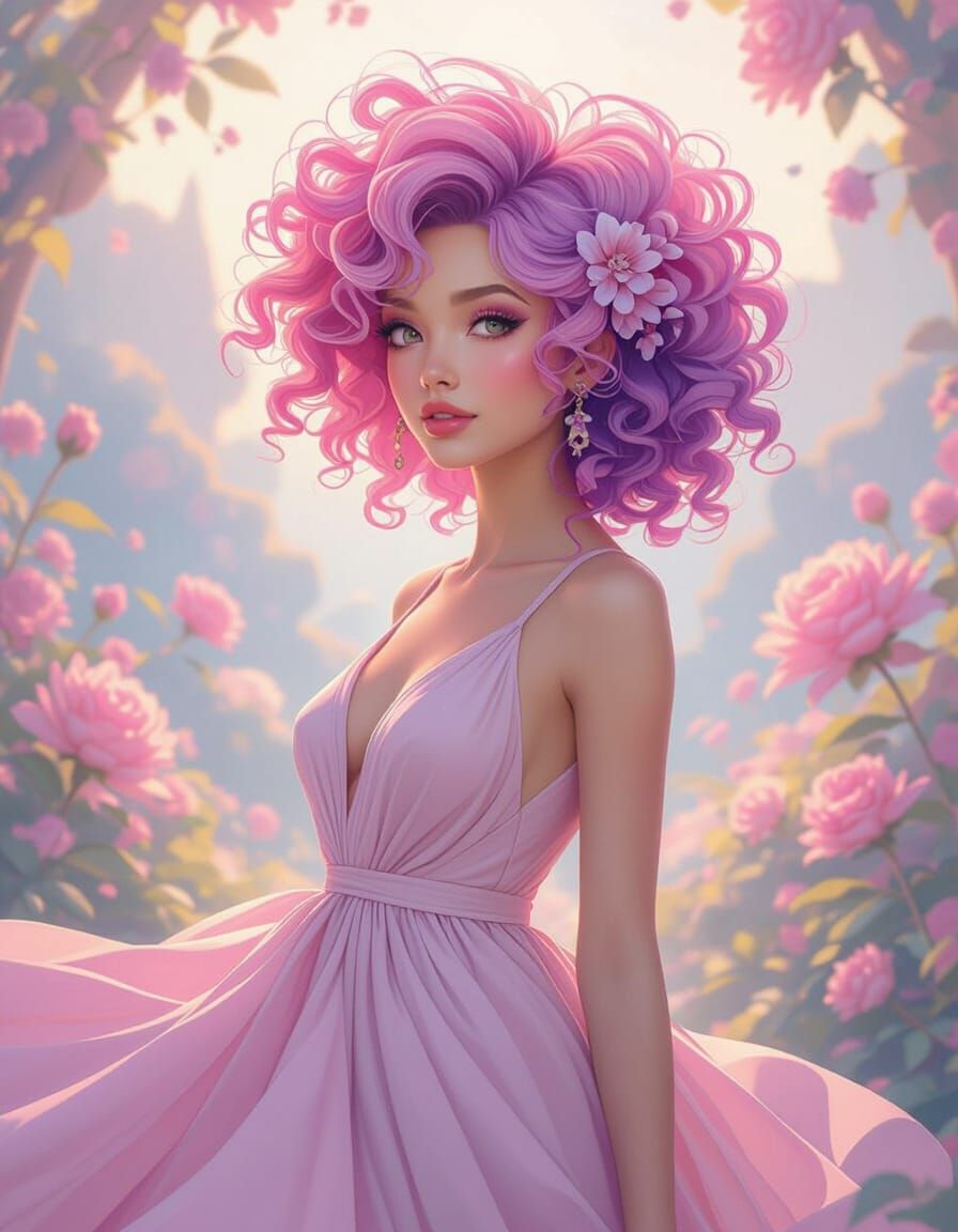 Woman with Pastel Hair in Whimsical Setting