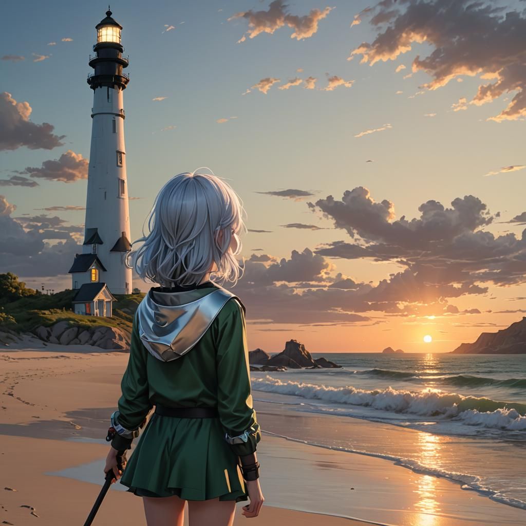 Tween Girl with Silver Hair on Beach: Anime Style