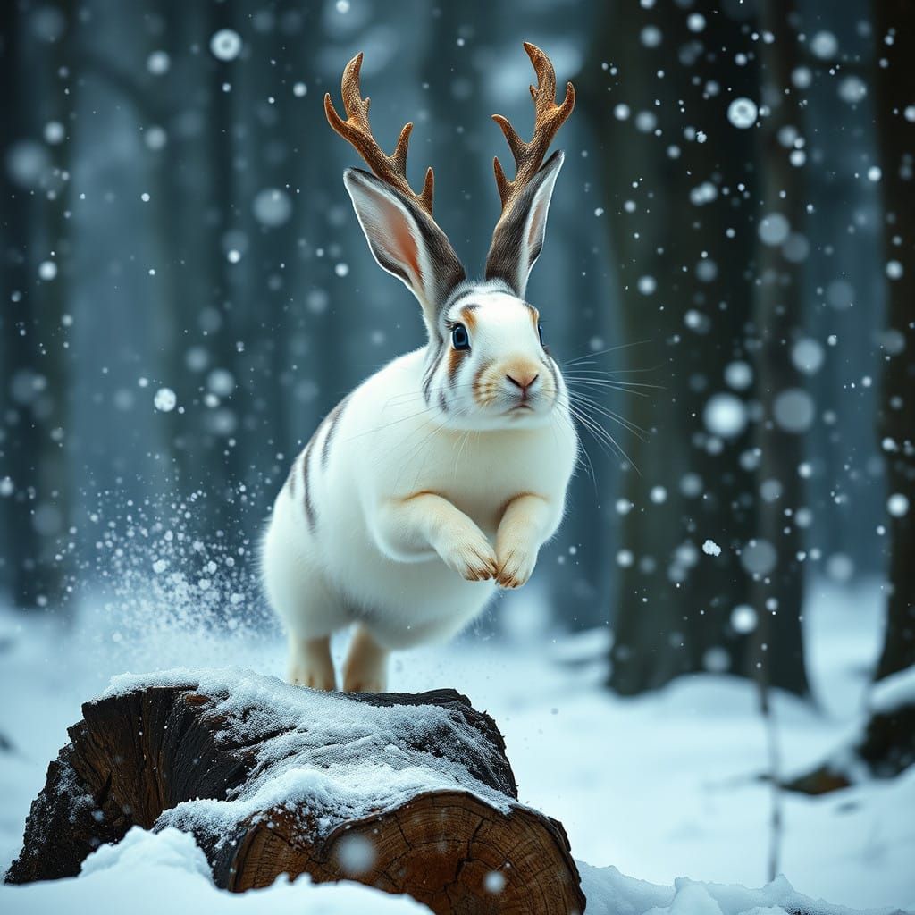 Striking White Rabbit with Bengal Stripes Leaps into Blizzar...