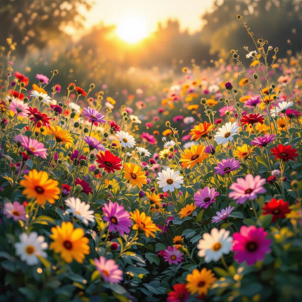 Vibrant Sunrise Flower Garden in Impressionistic Style