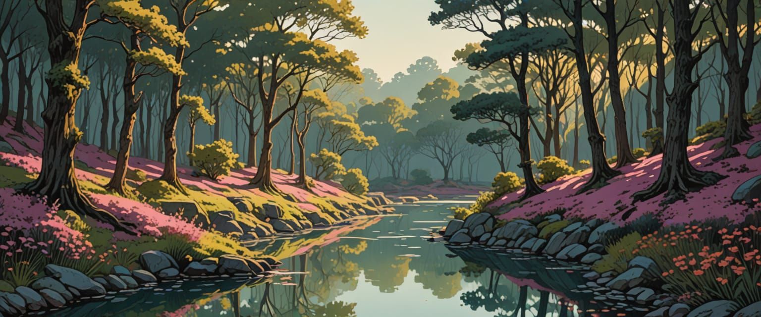 Enchanting Forest Path with Lake and Tropical Flora