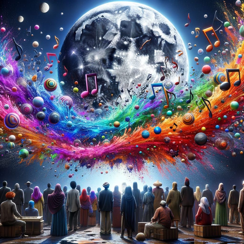 Moon Fragments into Musical Notes: A Hyperrealistic Scene