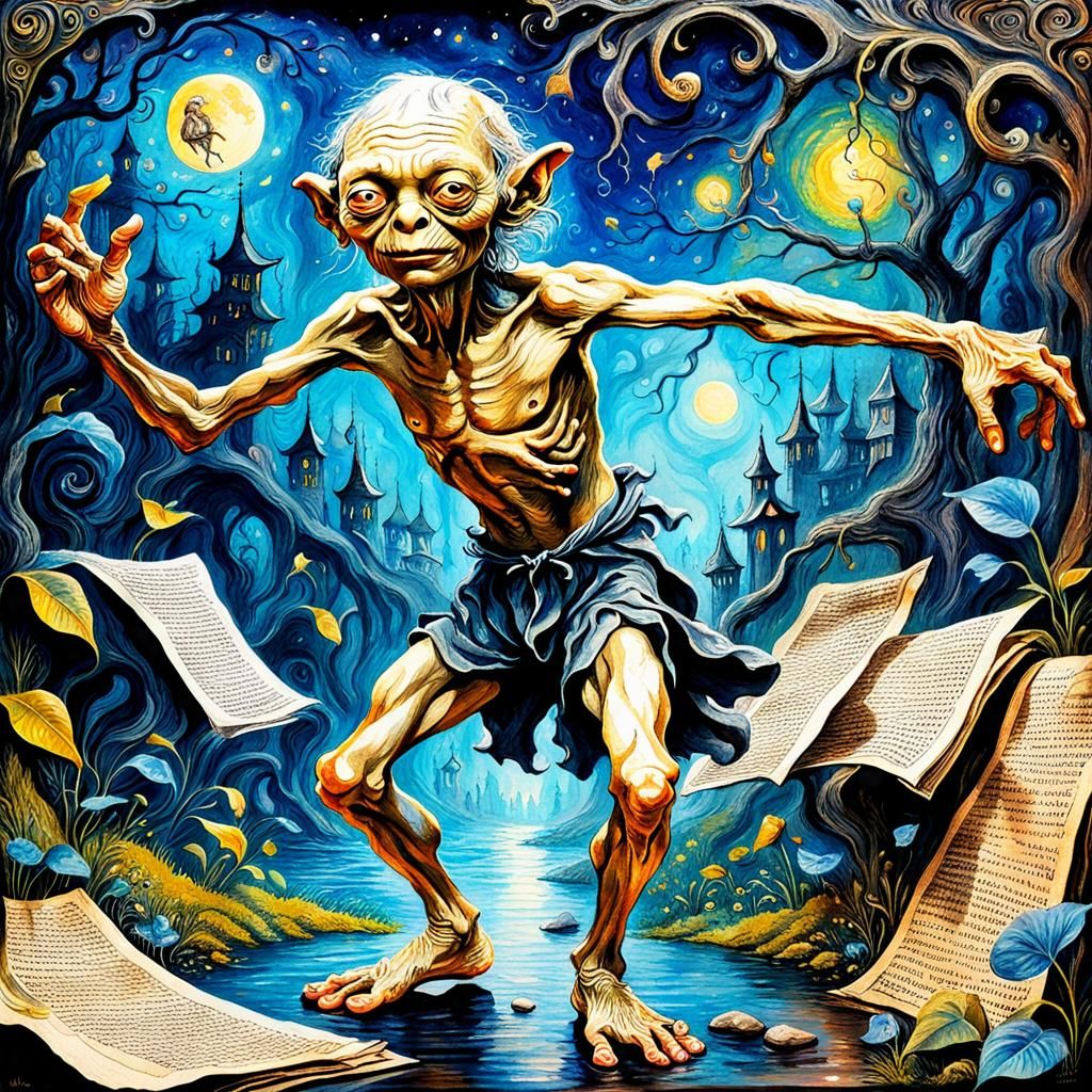 Dancing Gollum in Burton and Wall Gouache Style